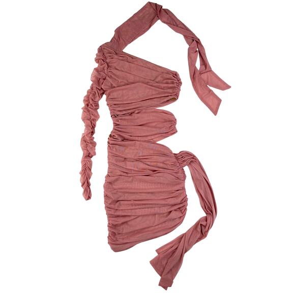 Miss Circle - Ruched Cut Out Asymmetrical Mesh Mini Dress in Pink - Picture 1 of 3